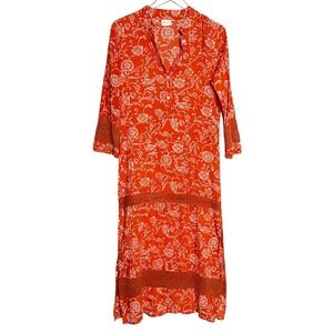 Julia Amory Ikat Floral Shift Lightweight Midi Dress Size XS Orange Boho